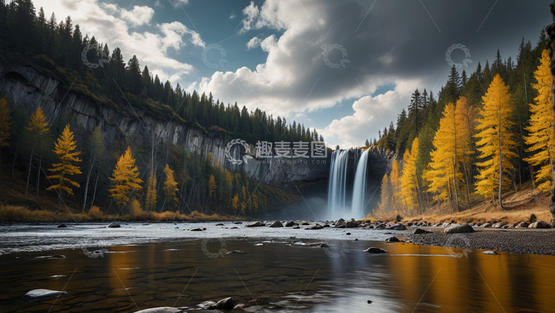 高清大图下载【趣麦麦图】秋季森林瀑布自然风光