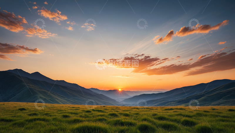高清大图下载【趣麦麦图】山间草原日落全景风光