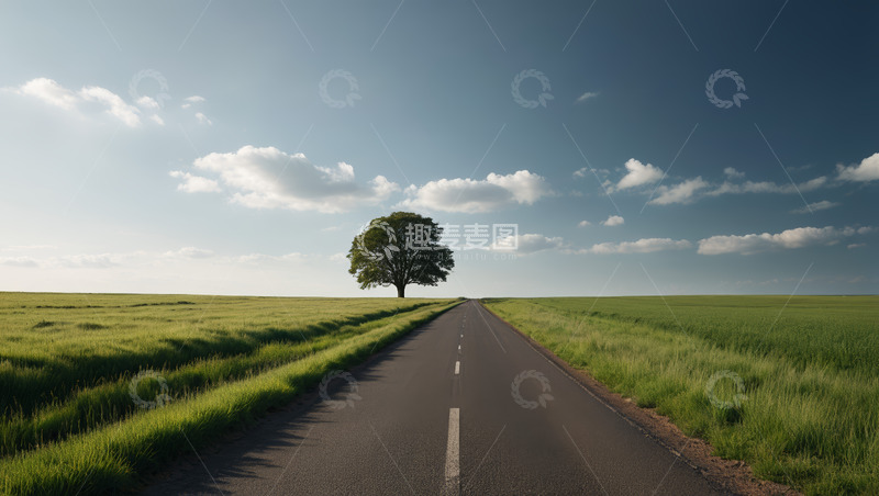 高清大图下载【趣麦麦图】田野中的公路与孤树景观