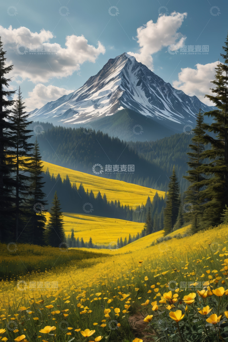 高清大图下载【趣麦麦图】雪山下的黄色花海自然风光