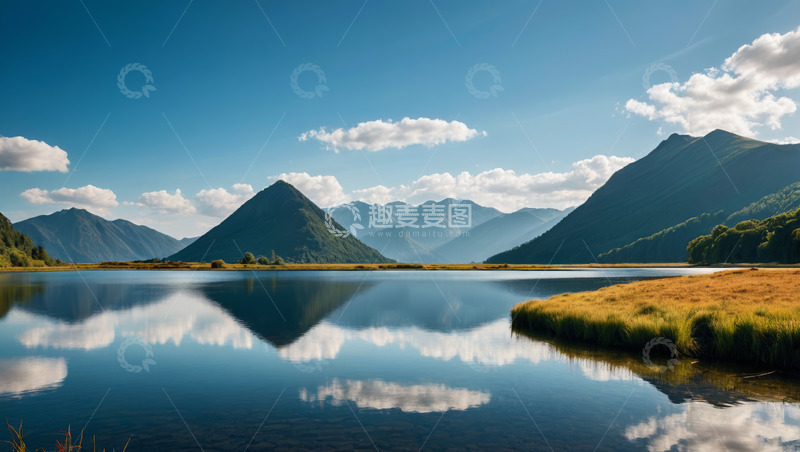 高清大图下载【趣麦麦图】宁静湖泊与远处山峦景观