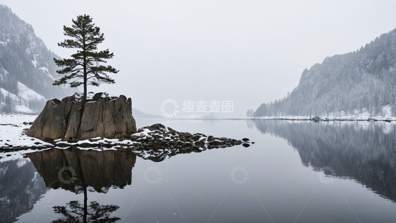 高清大图下载【趣麦麦图】雪后湖畔孤树岩石风景