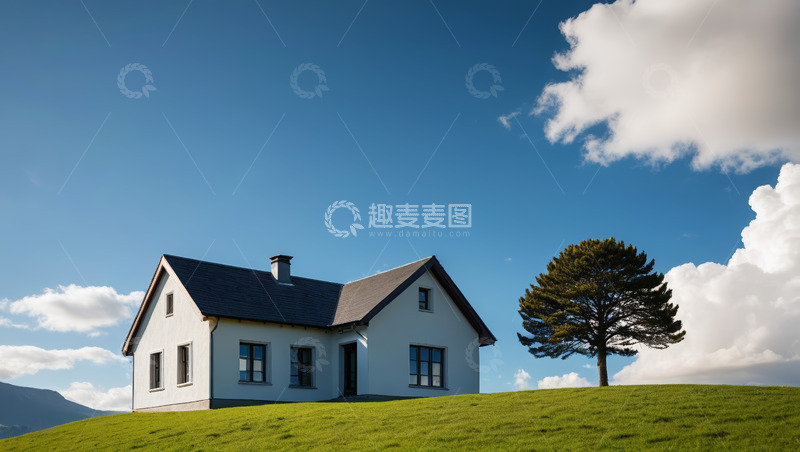 高清大图下载【趣麦麦图】草原上的白色独栋房屋