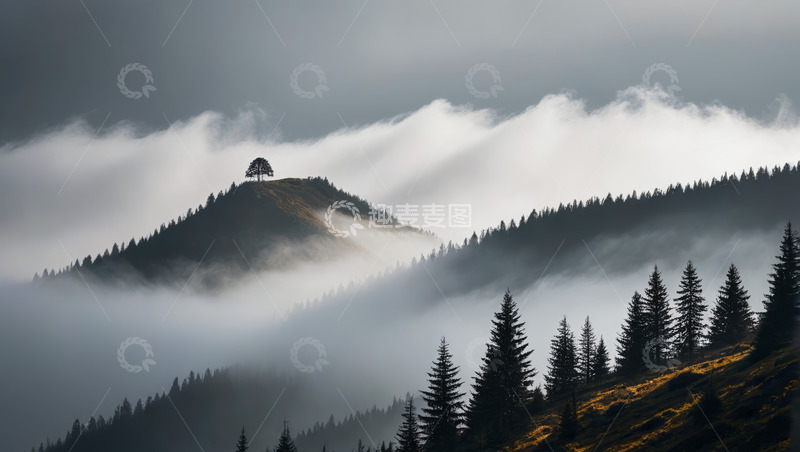 高清大图下载【趣麦麦图】山间迷雾中的孤树与森林景观