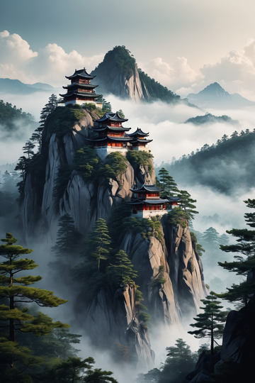 山间云雾中的中式古建筑