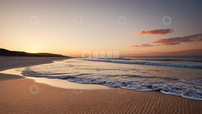 高清大图下载【趣麦麦图】海滩日落时分海浪拍打沙滩