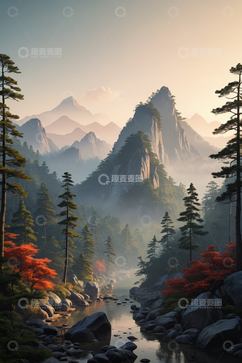 高清大图下载【趣麦麦图】山林间河流与多彩树木风景