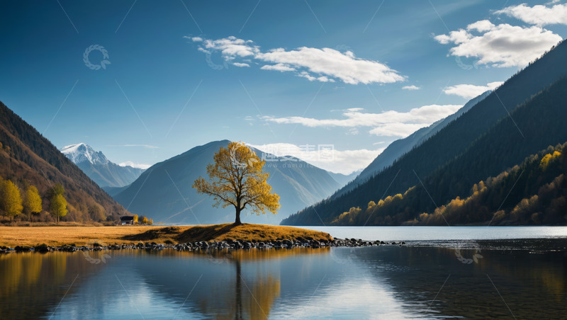 高清大图下载【趣麦麦图】湖畔孤树与远山自然风光