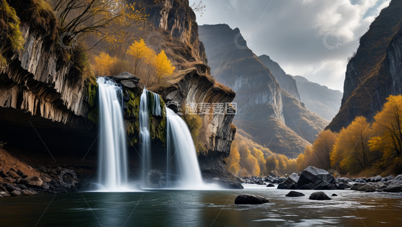 高清大图下载【趣麦麦图】山间瀑布与秋色自然风光