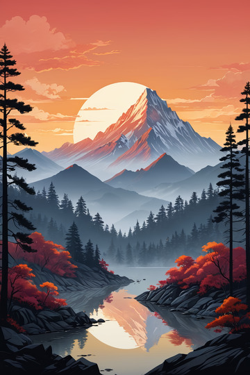 夕阳下的山林湖泊风景