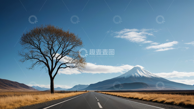 高清大图下载【趣麦麦图】公路旁孤树与远处雪山风景