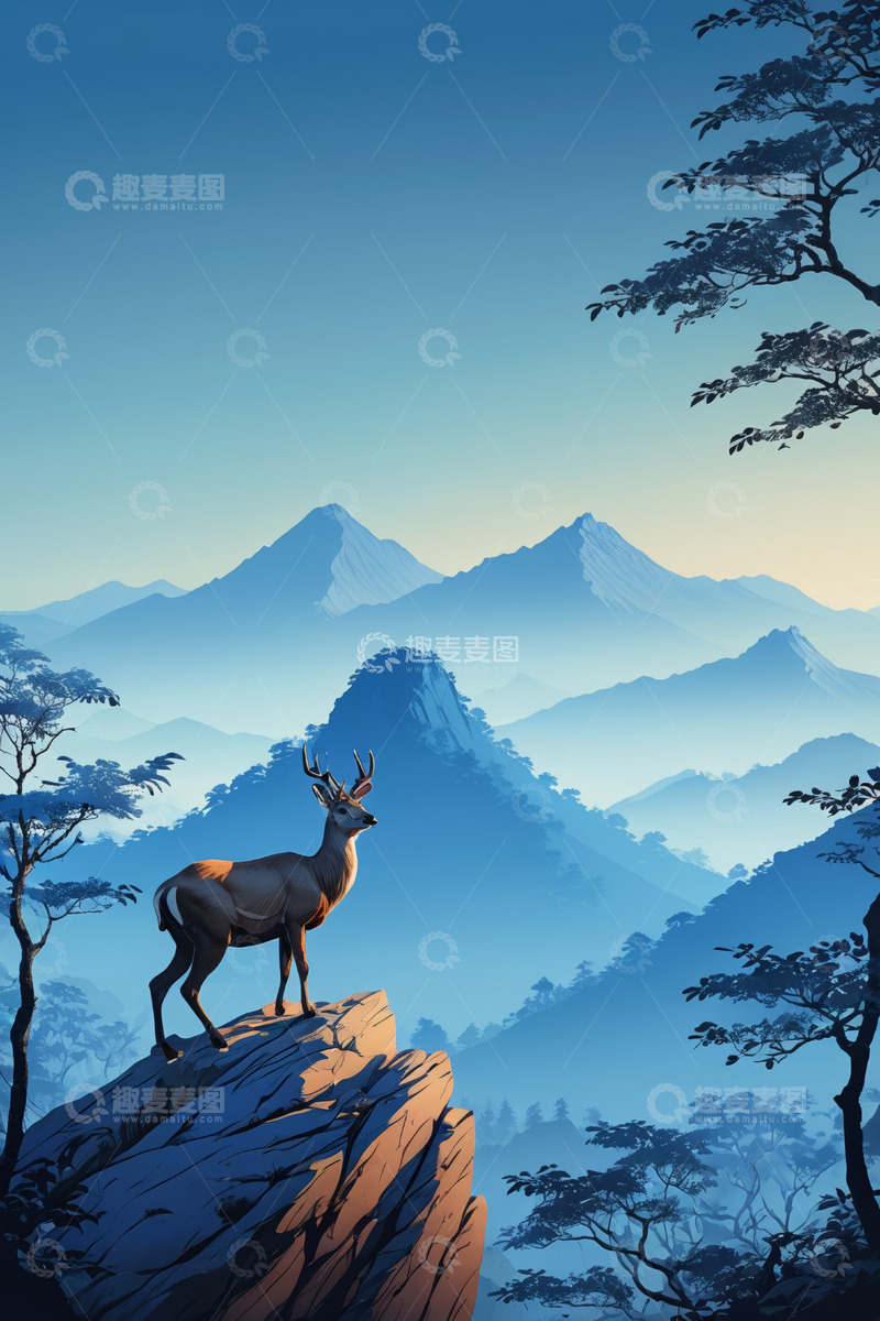 高清大图下载【趣麦麦图】山巅上的鹿与自然风光