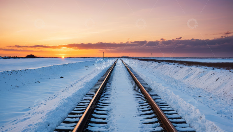 高清大图下载【趣麦麦图】雪地上延伸的铁路轨道