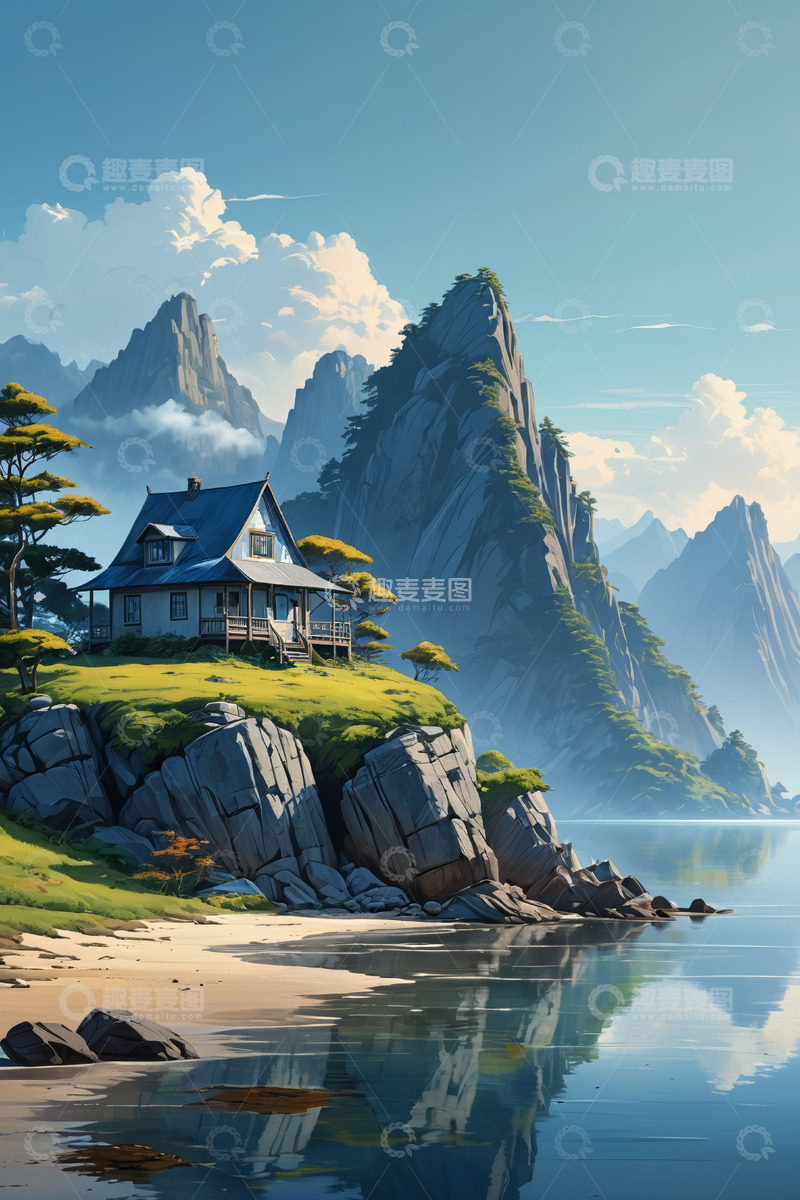 高清大图下载【趣麦麦图】山边湖畔小屋自然风光