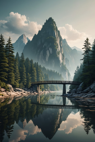 山水间森林中的桥梁风景