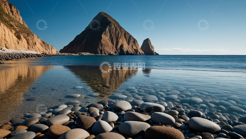 高清大图下载【趣麦麦图】海岸边鹅卵石与远处山景