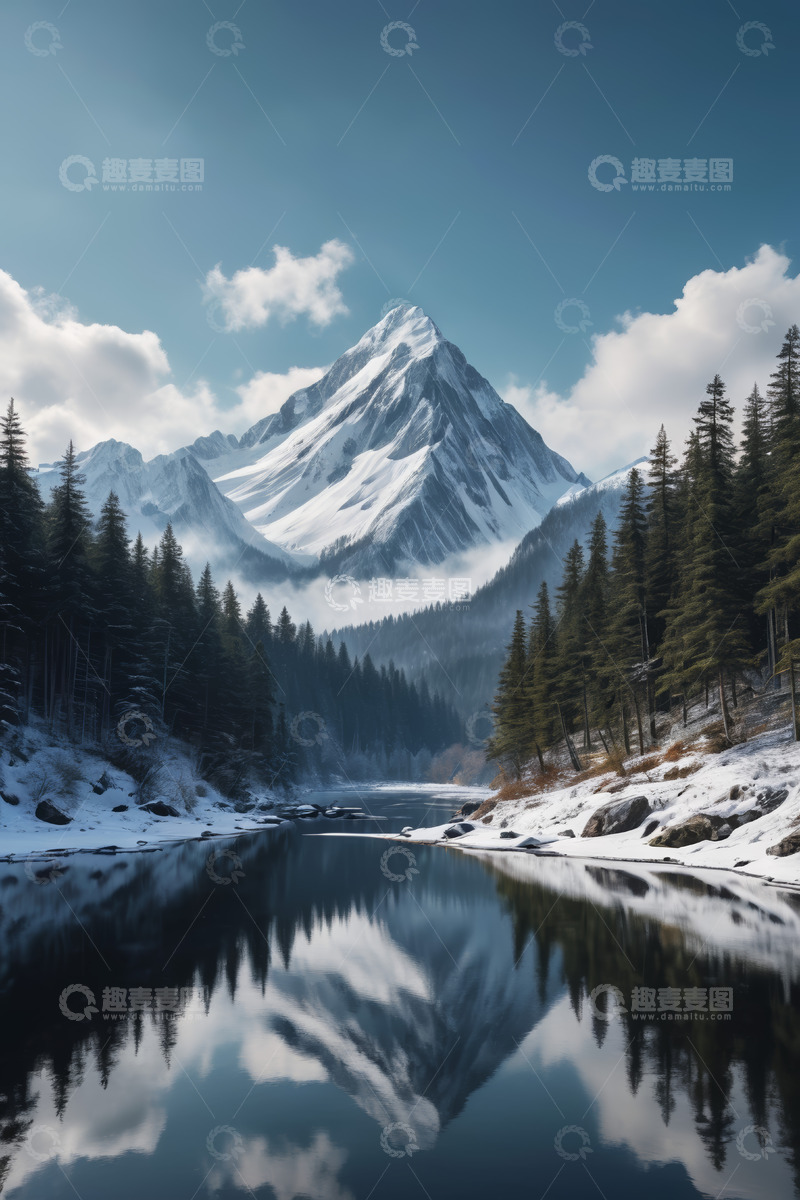 高清大图下载【趣麦麦图】雪山森林倒影自然风光