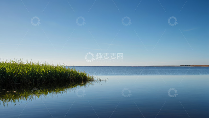 高清大图下载【趣麦麦图】湖畔草地与平静湖水景观