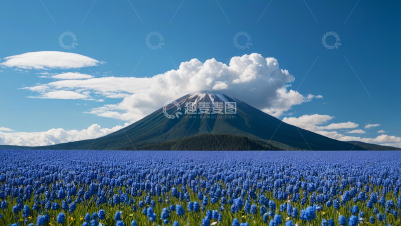 高清大图下载【趣麦麦图】蓝花田与远山的自然景观