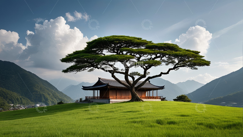 高清大图下载【趣麦麦图】青山下草地旁的中式建筑与松树