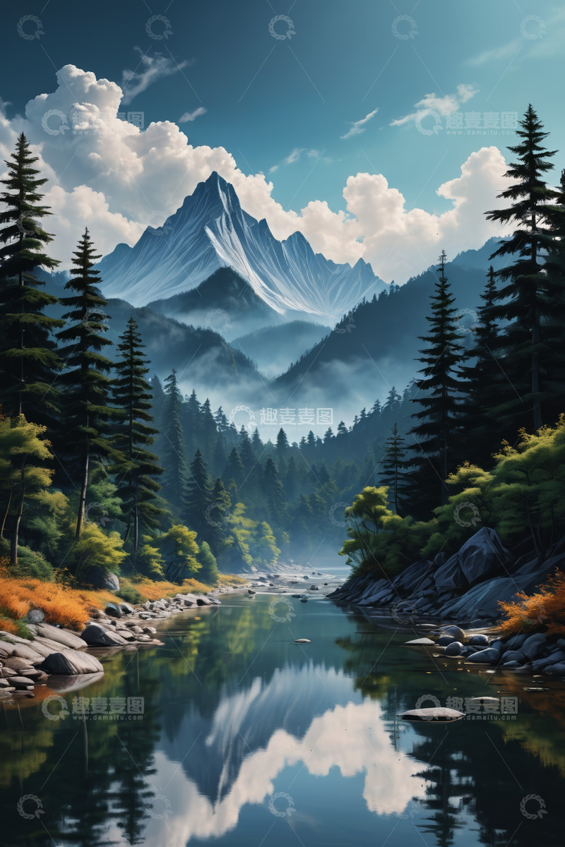 高清大图下载【趣麦麦图】山林间河流与远山自然风景