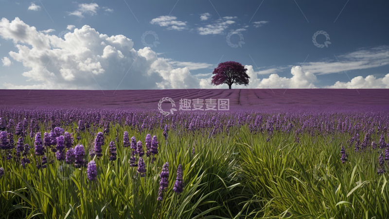 高清大图下载【趣麦麦图】紫色薰衣草田中的孤树景观