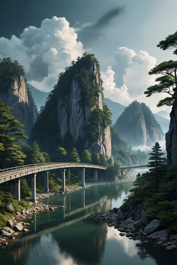 山间河流上的桥梁风景