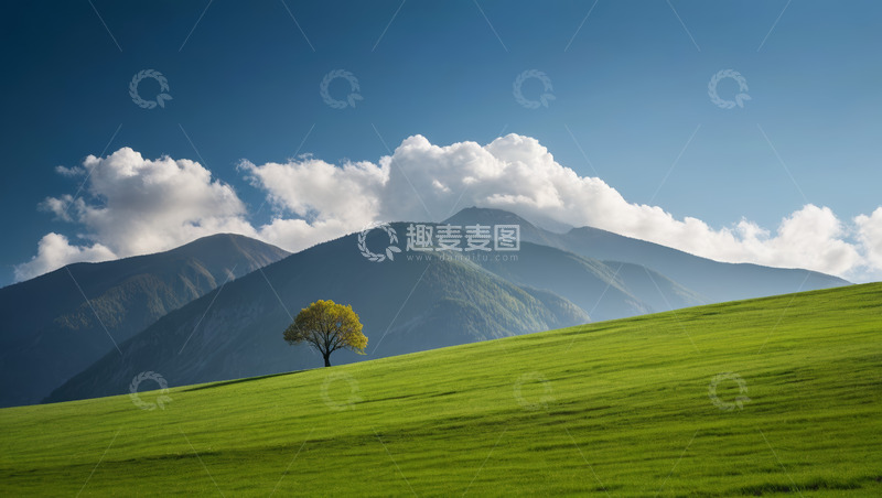 高清大图下载【趣麦麦图】草原孤树与远山风景