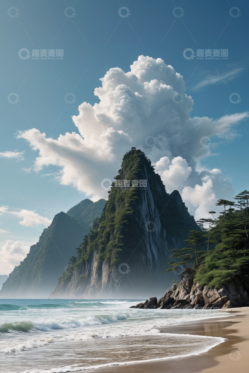 高清大图下载【趣麦麦图】海滩边巍峨山峰与云海景观