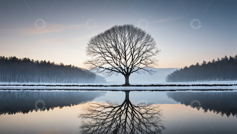 高清大图下载【趣麦麦图】雪地中孤树立于水畔景象