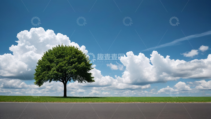 高清大图下载【趣麦麦图】公路旁绿树与蓝天白云风景