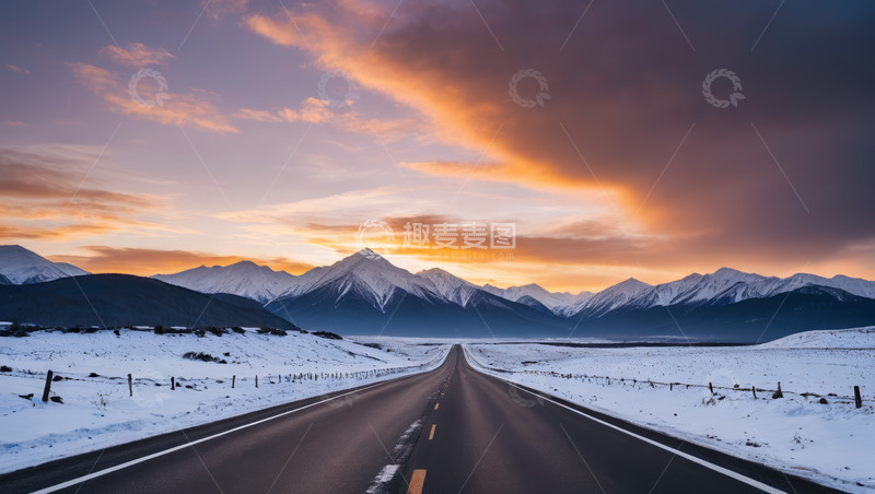 高清大图下载【趣麦麦图】雪山前的公路与日落景象