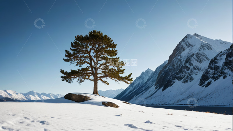 高清大图下载【趣麦麦图】雪山下雪地中的孤立树木