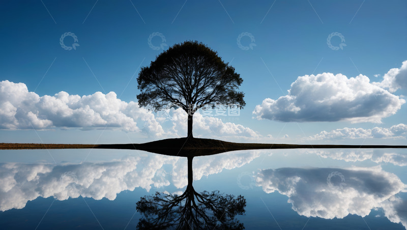 高清大图下载【趣麦麦图】孤树倒影于蓝天白云下的水面