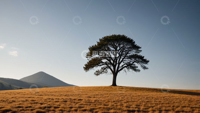 高清大图下载【趣麦麦图】旷野中独立树木与远山景象
