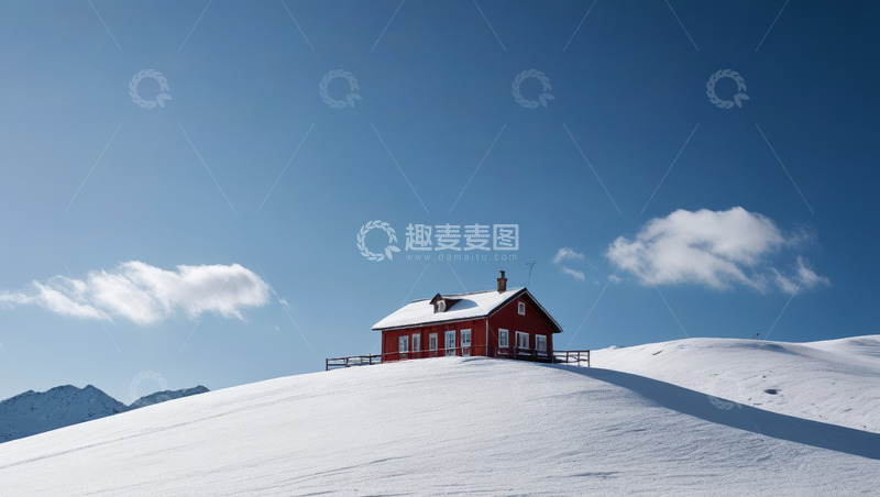 高清大图下载【趣麦麦图】雪山上的红色小屋