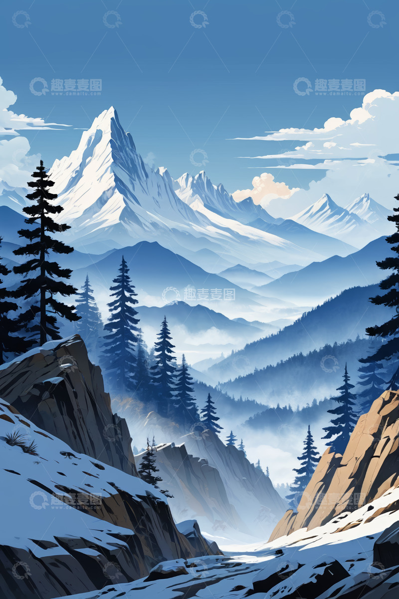 高清大图下载【趣麦麦图】雪山森林山谷自然风光