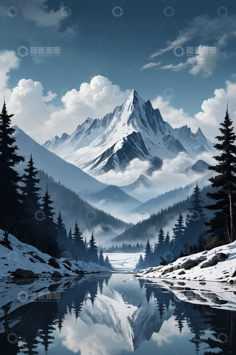 高清大图下载【趣麦麦图】雪山森林湖泊自然风景