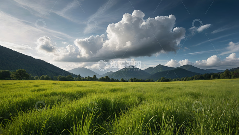高清大图下载【趣麦麦图】绿色草地远山与蓝天白云风景