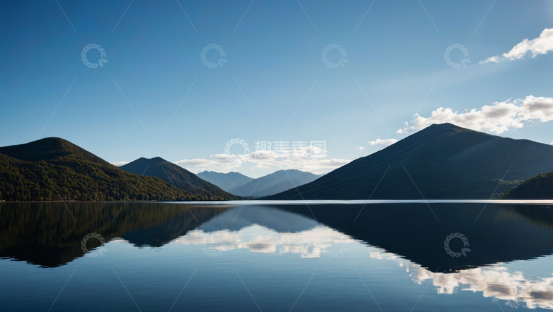 高清大图下载【趣麦麦图】平静湖面与远处山峦风景