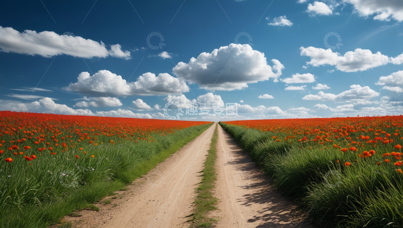 高清大图下载【趣麦麦图】田野间红色花海中的土路