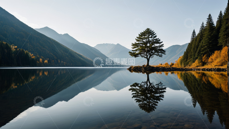 高清大图下载【趣麦麦图】湖畔孤树与山水倒影景观
