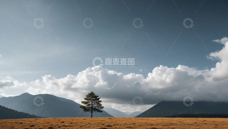 高清大图下载【趣麦麦图】草原孤树与远山风景