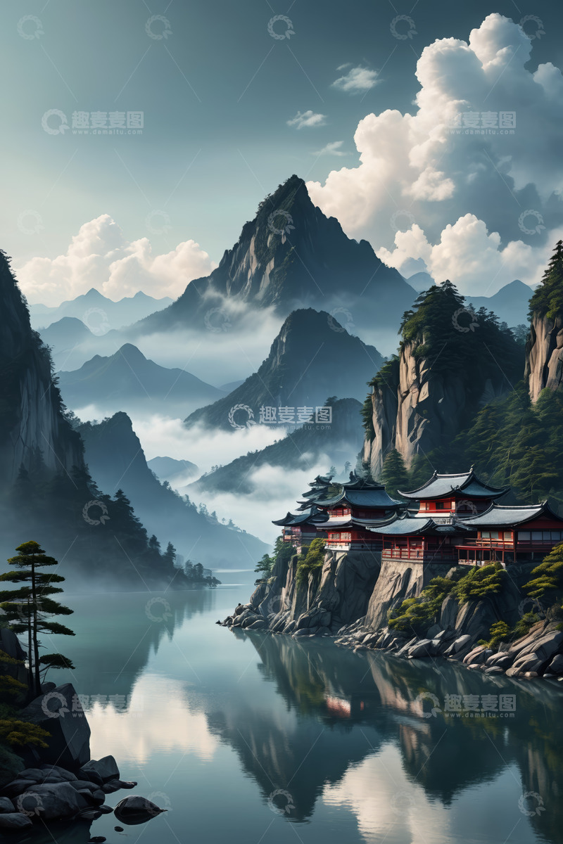 高清大图下载【趣麦麦图】山水间中式古建筑景观