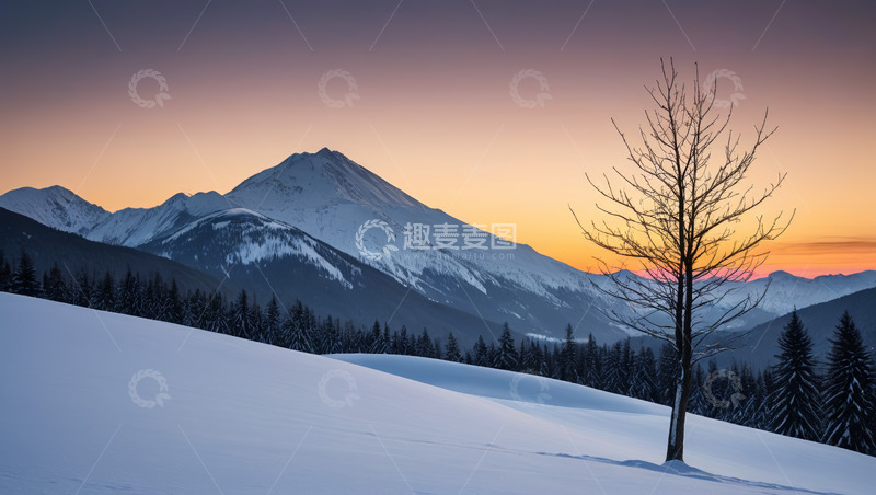 高清大图下载【趣麦麦图】雪中山景与孤树