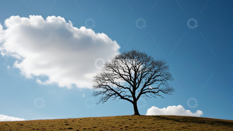 高清大图下载【趣麦麦图】山丘上的孤树与蓝天白云
