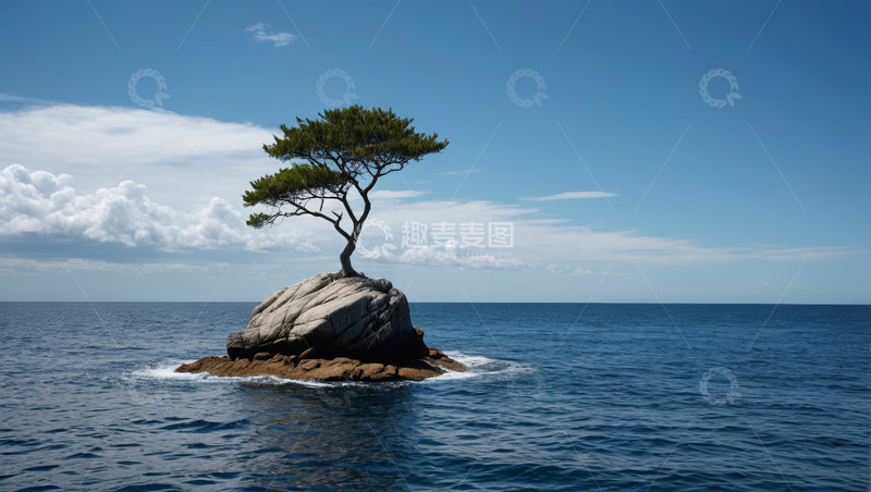 高清大图下载【趣麦麦图】海上孤石上的松树景观