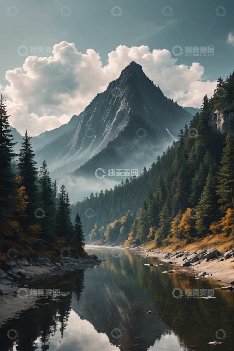 高清大图下载【趣麦麦图】山林间河流与云雾自然风光