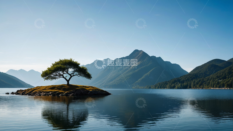 高清大图下载【趣麦麦图】湖心小岛单棵树木自然风光