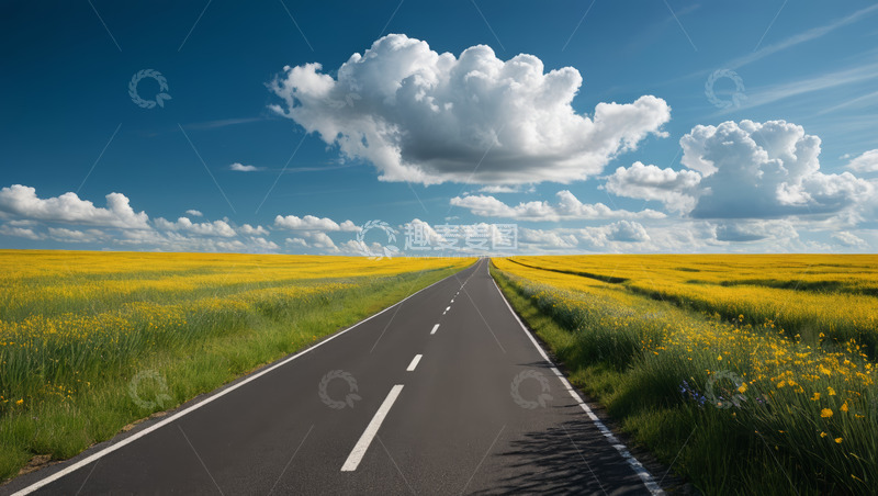 高清大图下载【趣麦麦图】田野间的宽阔公路与蓝天白云
